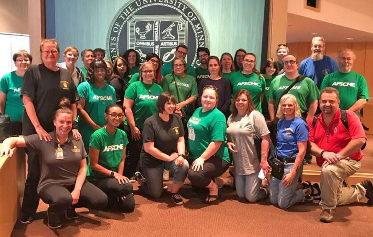 AFSCME Local 3800 and members of our sister University of Minnesota unions gather at a public Board of Regents budget hearing